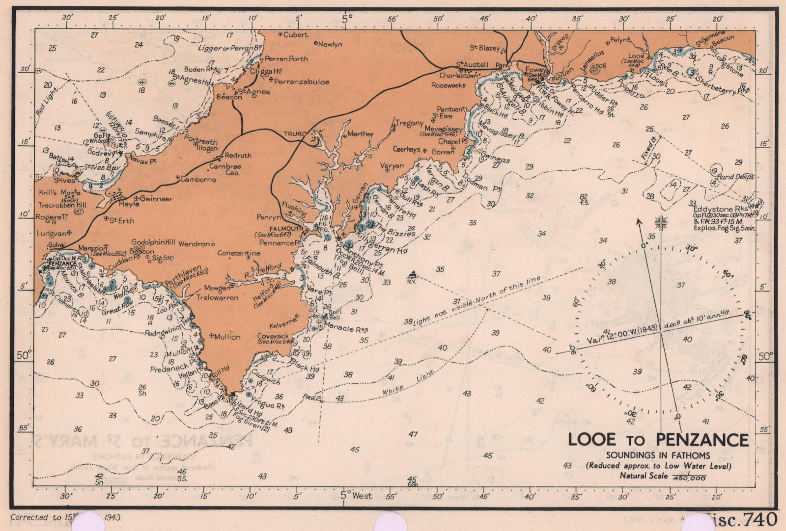 Looe to Penzance sea coast chart. Cornwall. ADMIRALTY 1943 old vintage map